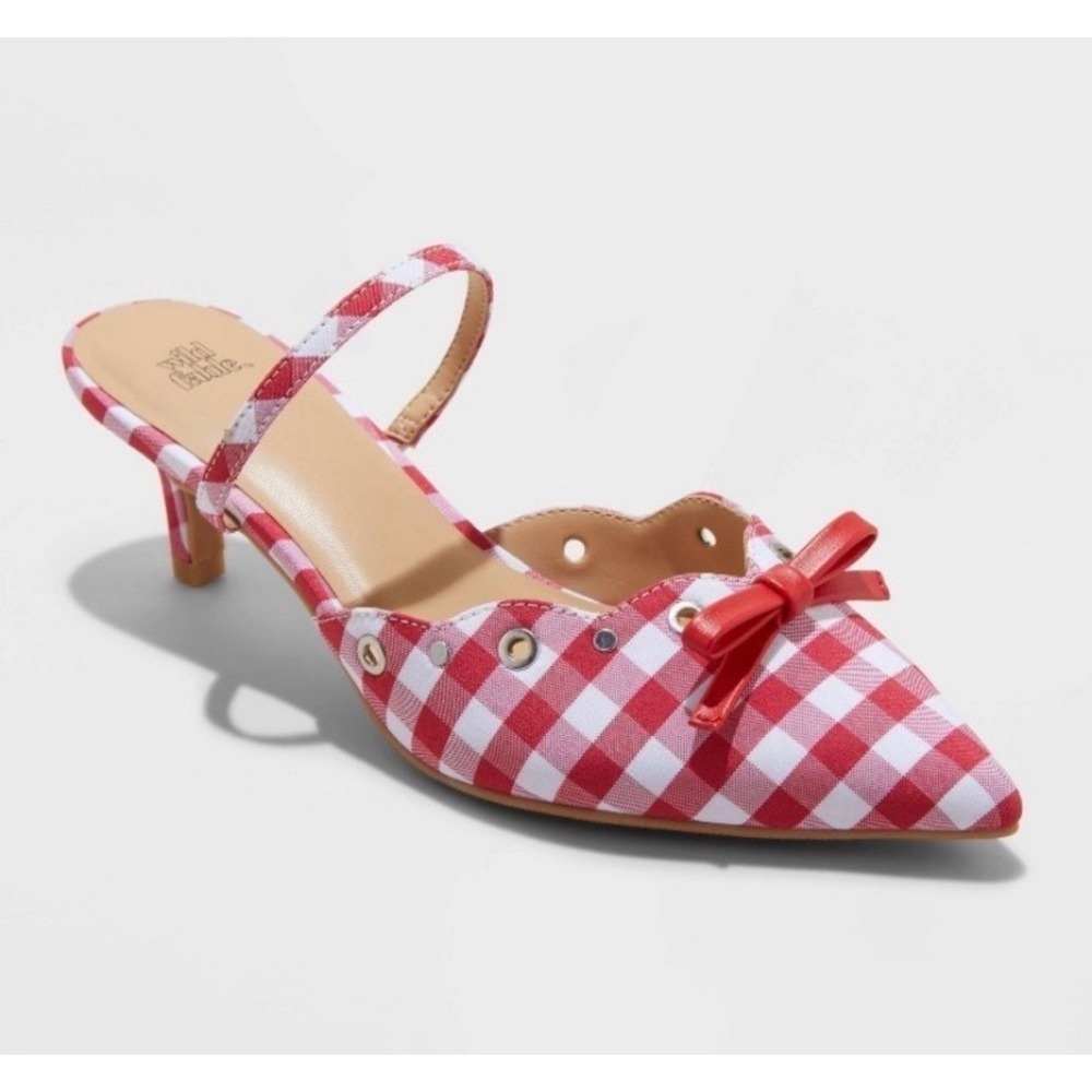 Wild Fable Lysandra Gingham Eyelet Kitten Heels Red White Bow Pumps Womens 7.5